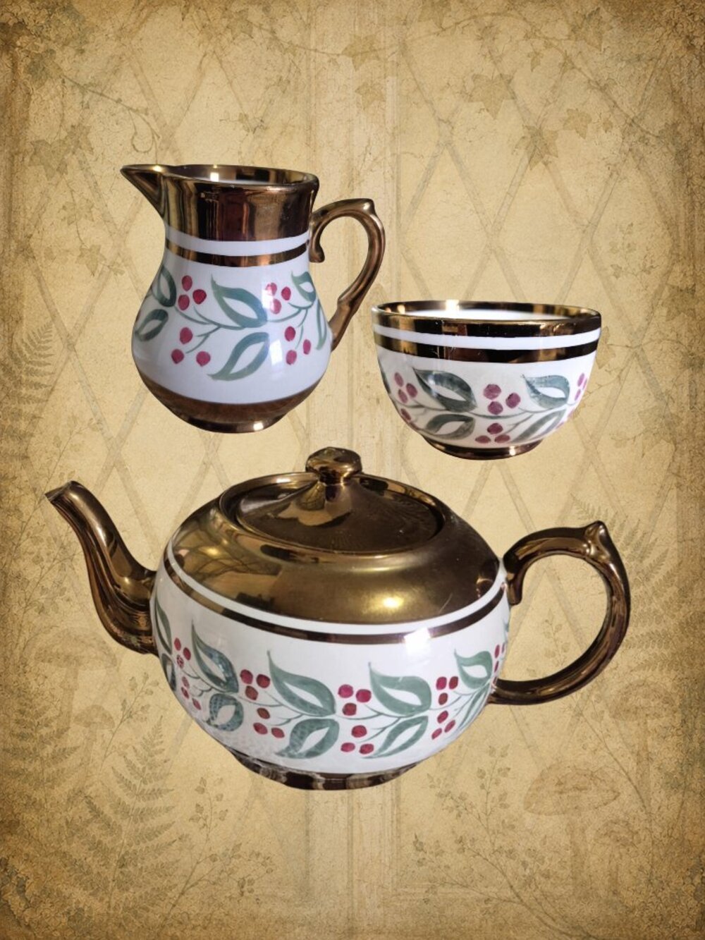 WADE Porcelain Tea Set MCM Vintage Bronze Red Green & White